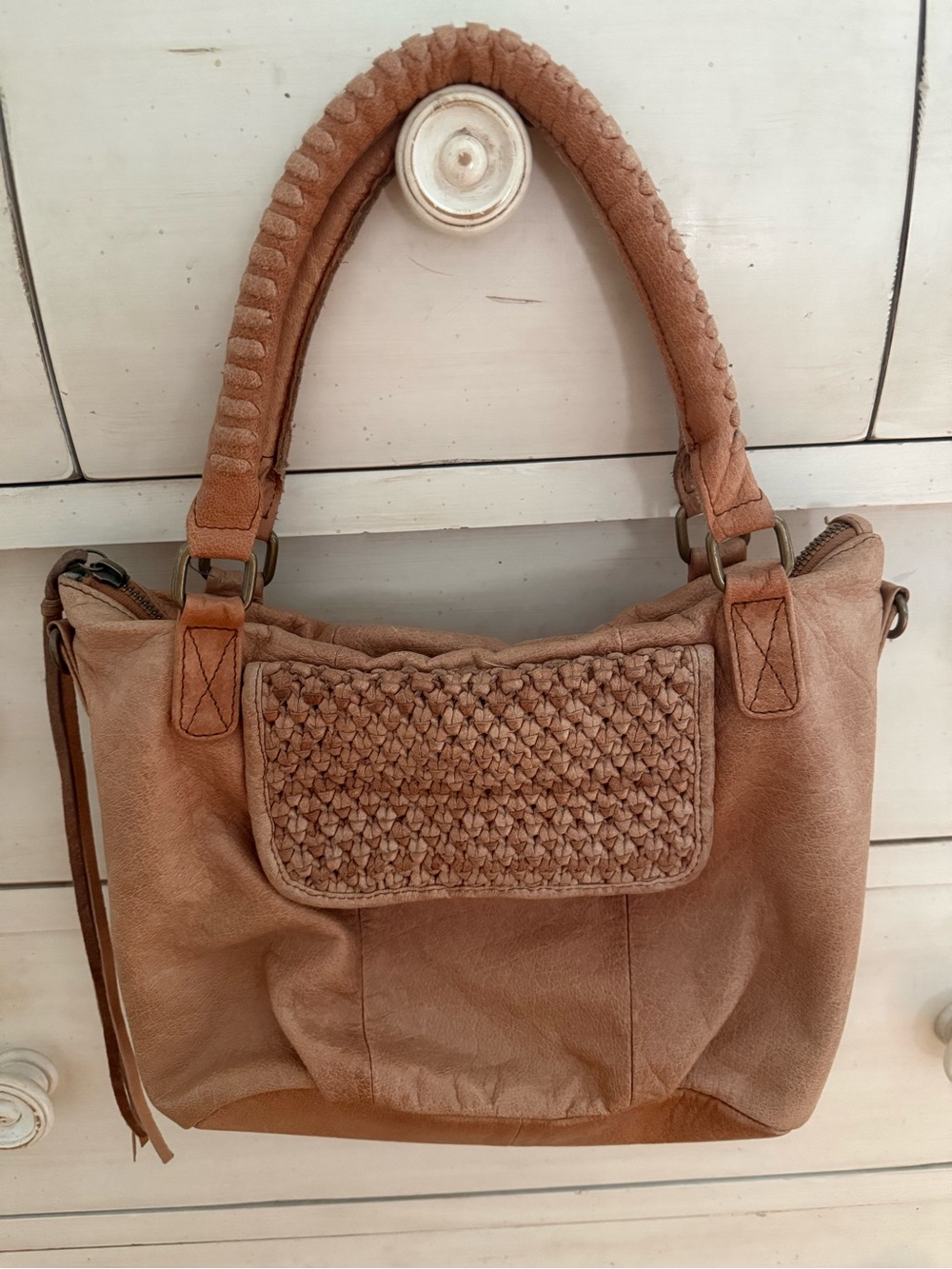 Day & Mood Woven Detail Tan Leather Tote Bag